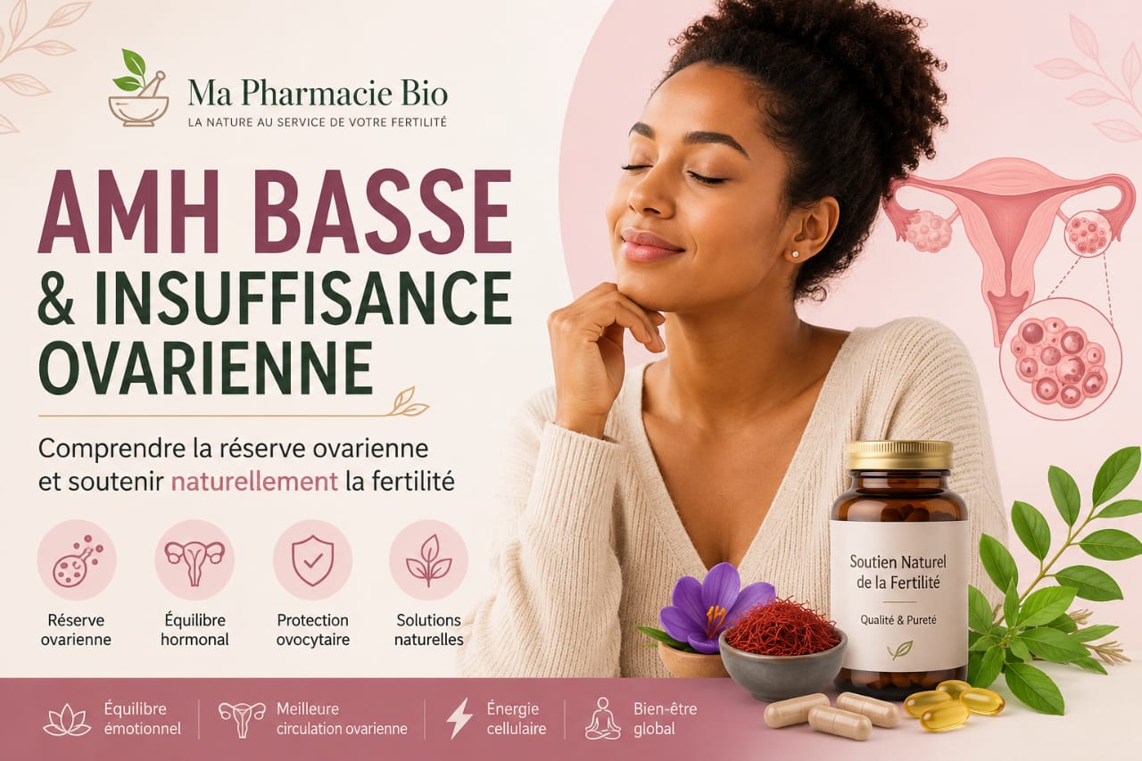 Illustration sur l'AMH basse et l'insuffisance ovarienne montrant le soutien naturel de la réserve ovarienne et de la fertilité féminine.