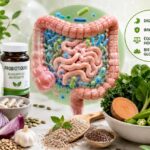 Illustration de la dysbiose intestinale et du microbiote intestinal avec des probiotiques, des fibres alimentaires et des aliments favorisant une bonne santé digestive.