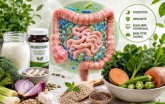 Illustration de la dysbiose intestinale et du microbiote intestinal avec des probiotiques, des fibres alimentaires et des aliments favorisant une bonne santé digestive.
