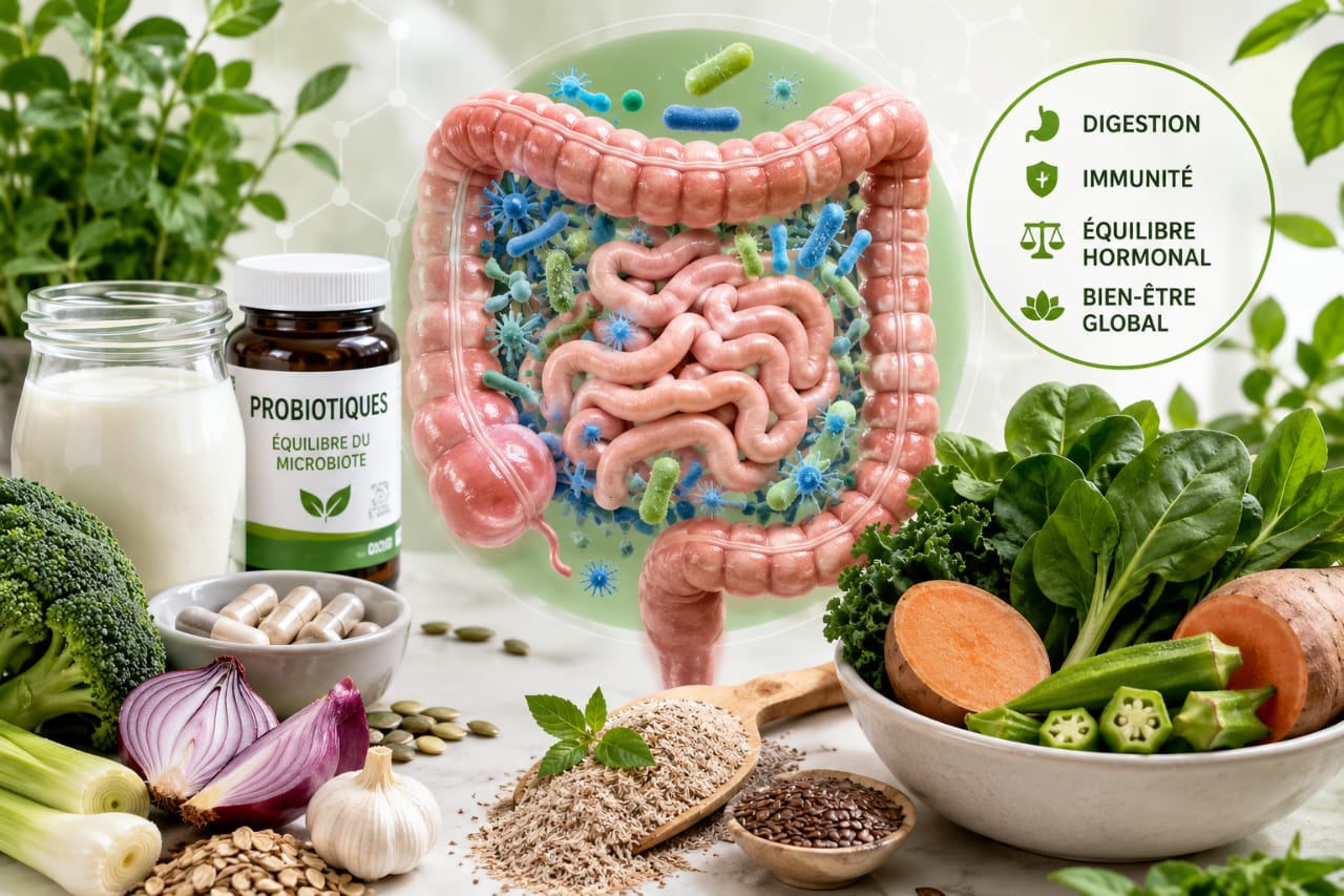 Illustration de la dysbiose intestinale et du microbiote intestinal avec des probiotiques, des fibres alimentaires et des aliments favorisant une bonne santé digestive.