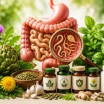 Illustration des parasites intestinaux dans le système digestif avec des plantes médicinales et des compléments naturels favorisant l'équilibre intestinal et le microbiote.