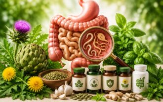 Illustration des parasites intestinaux dans le système digestif avec des plantes médicinales et des compléments naturels favorisant l'équilibre intestinal et le microbiote.