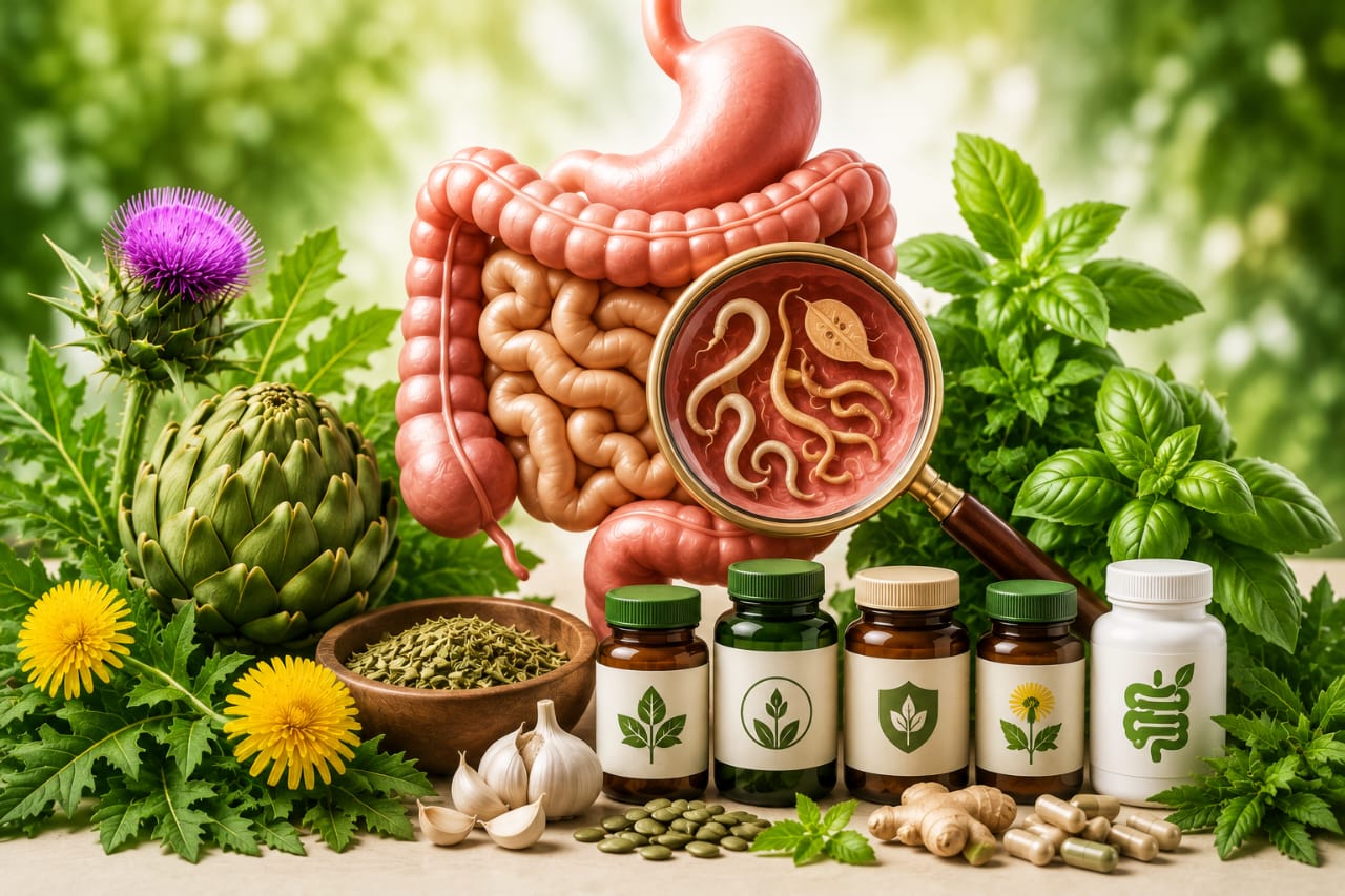 Illustration des parasites intestinaux dans le système digestif avec des plantes médicinales et des compléments naturels favorisant l'équilibre intestinal et le microbiote.