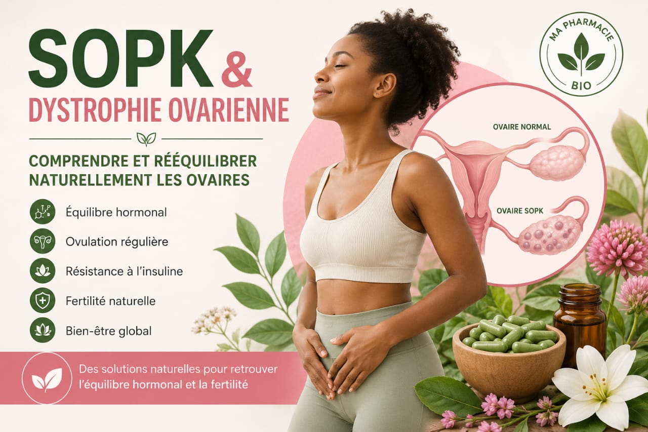Illustration du SOPK (syndrome des ovaires polykystiques) et de la dystrophie ovarienne expliquant l'ovulation et la fertilité naturelle.